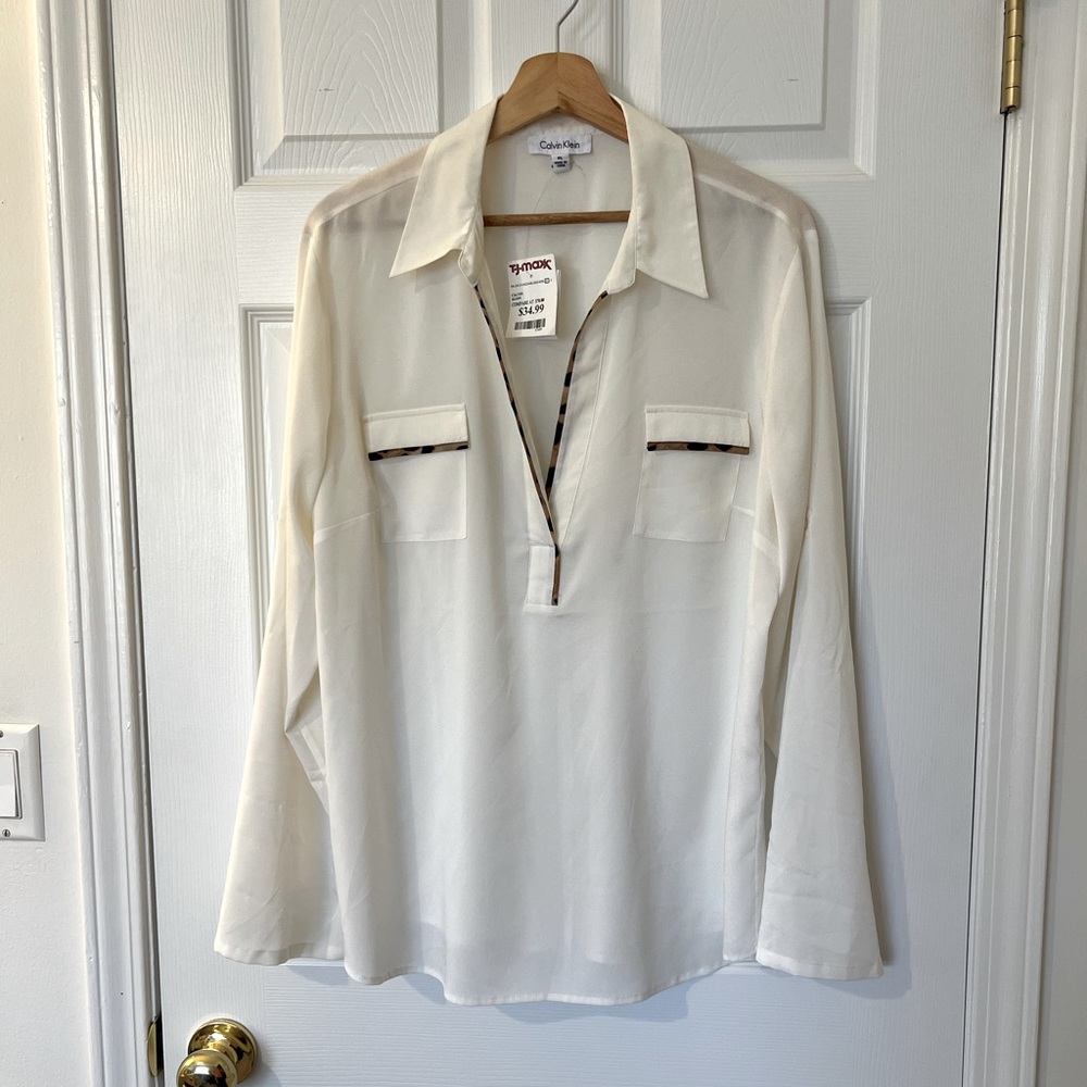 Calvin Klein Blouse with Leopard Piping, Size XL, NWT